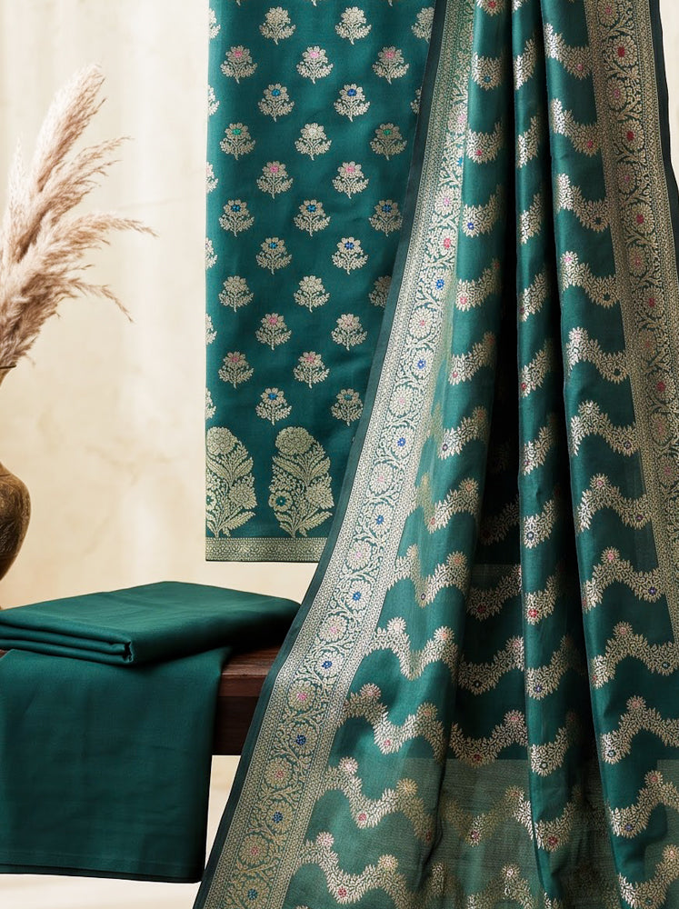 Banarasee Semi Katan Zari Work Salwar Kameez Fabric With Dupatta Set-Deep Green