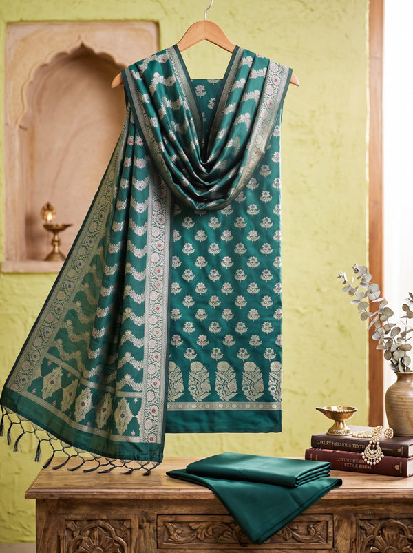 Banarasee Semi Katan Zari Work Salwar Kameez Fabric With Dupatta Set-Deep Green