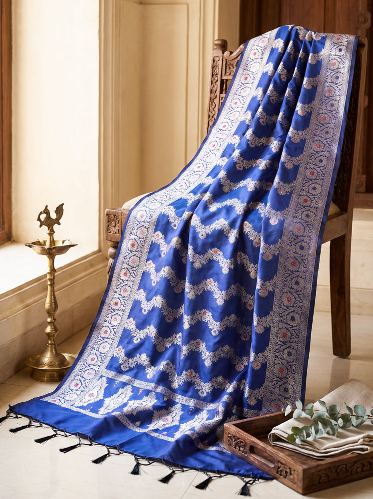 Banarasee Semi Katan Zari Work Salwar Kameez Fabric With Dupatta Set-Royal Blue