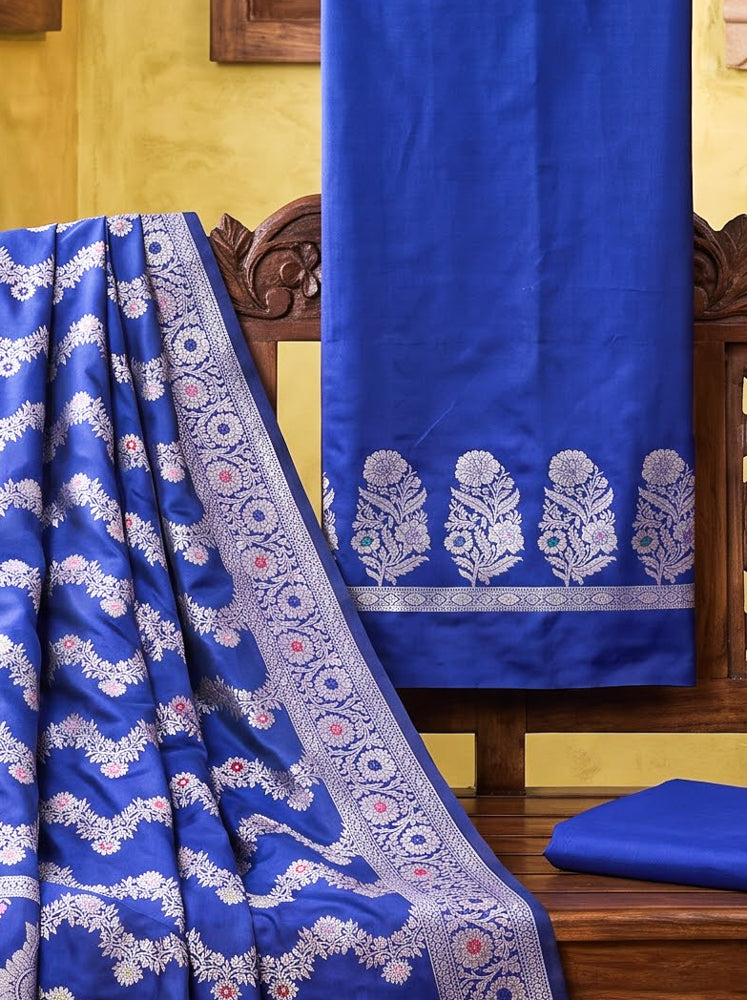 Banarasee Semi Katan Zari Work Salwar Kameez Fabric With Dupatta Set-Royal Blue