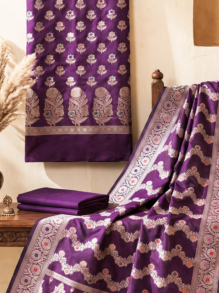 Banarasee Semi Katan Zari Work Salwar Kameez Fabric With Dupatta Set-Purple