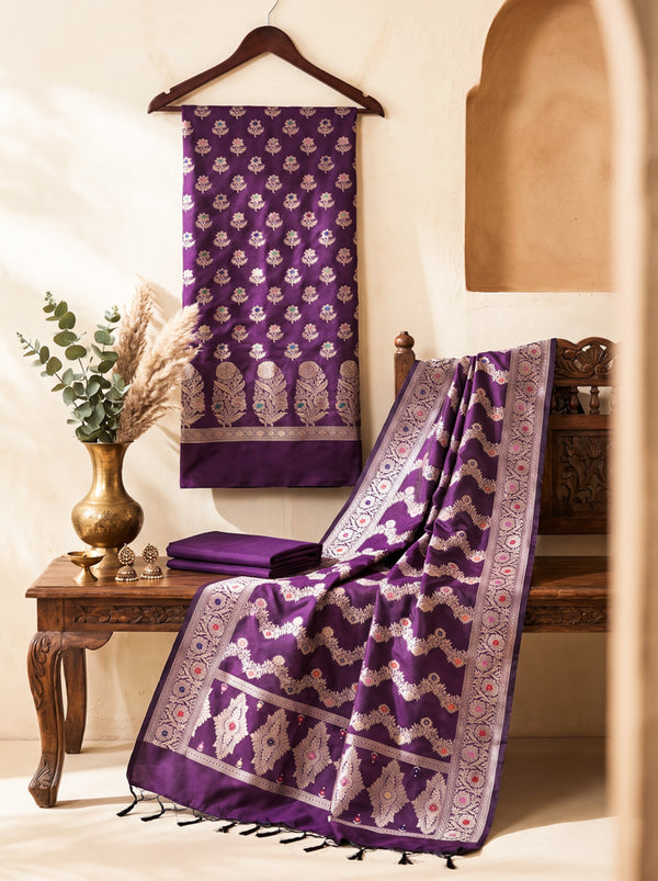Banarasee Semi Katan Zari Work Salwar Kameez Fabric With Dupatta Set-Purple