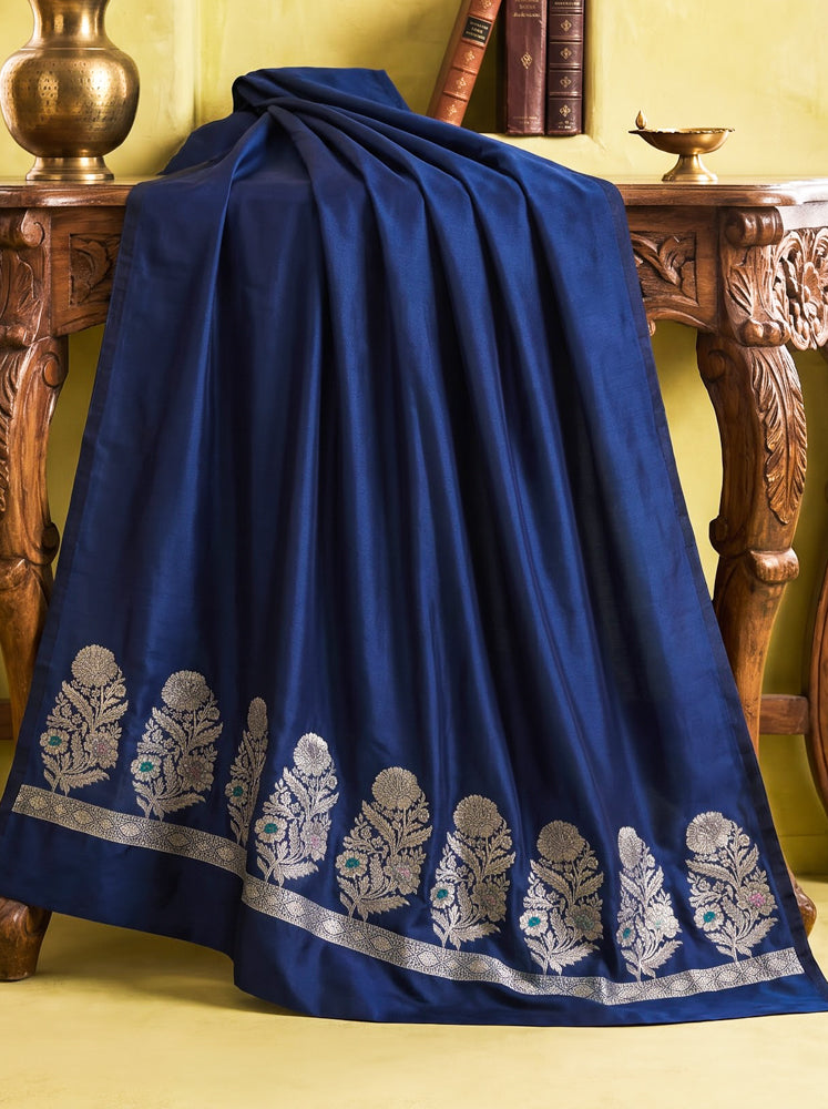 Banarasee Semi Katan Zari Work Salwar Kameez Fabric With Dupatta Set-Navy Blue