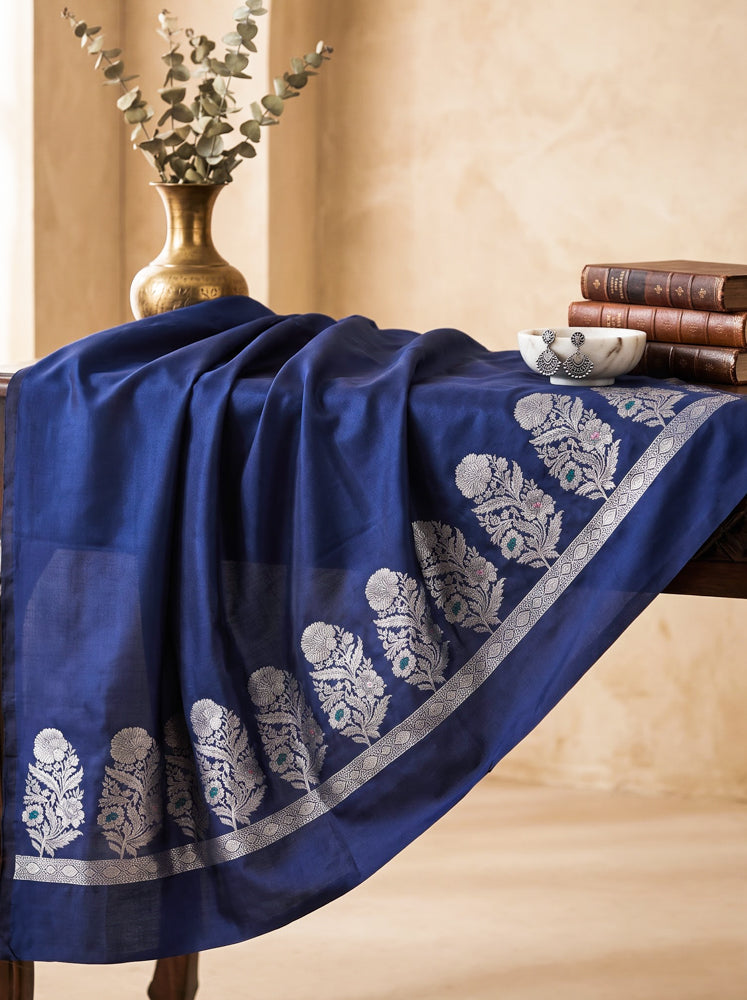 Banarasee Semi Katan Zari Work Salwar Kameez Fabric With Dupatta Set-Navy Blue