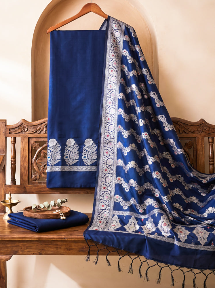 Banarasee Semi Katan Zari Work Salwar Kameez Fabric With Dupatta Set-Navy Blue