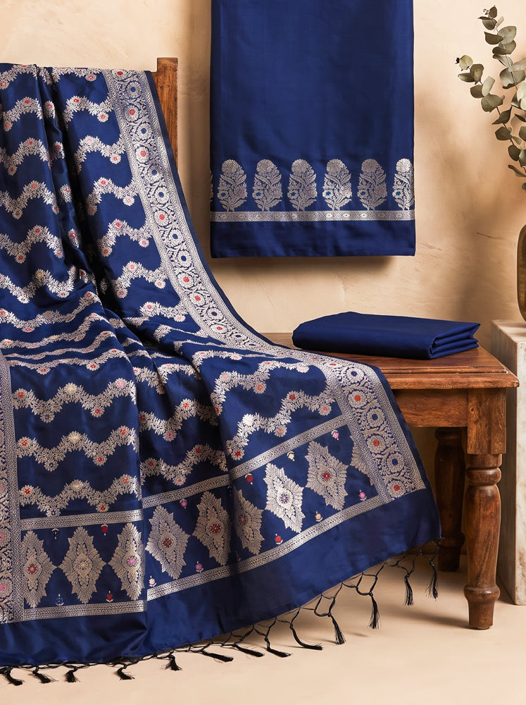 Banarasee Semi Katan Zari Work Salwar Kameez Fabric With Dupatta Set-Navy Blue