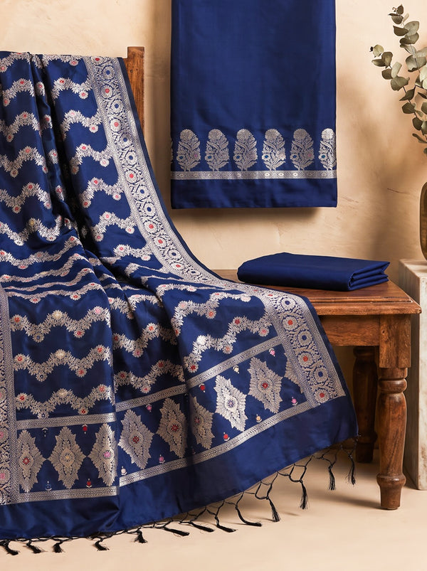 Banarasee Semi Katan Zari Work Salwar Kameez Fabric With Dupatta Set-Navy Blue