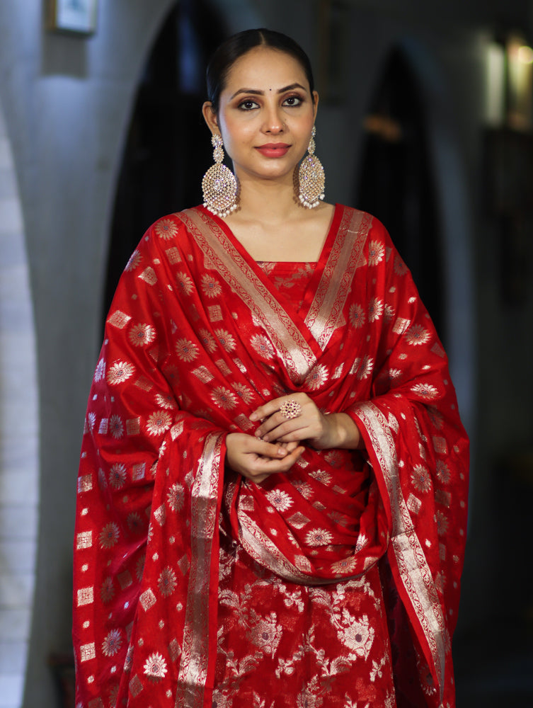 Banarasee Zari Work Chiffon Salwar Kameez Fabric With Dupatta Set-Red