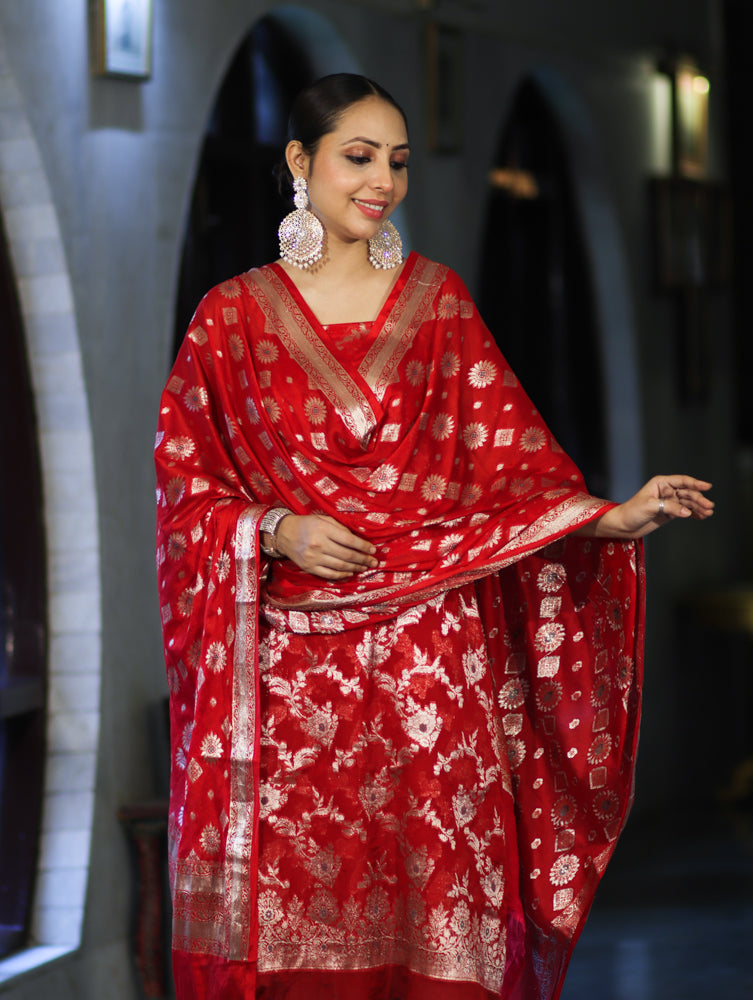 Banarasee Zari Work Chiffon Salwar Kameez Fabric With Dupatta Set-Red
