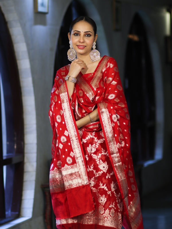Banarasee Zari Work Chiffon Salwar Kameez Fabric With Dupatta Set-Red