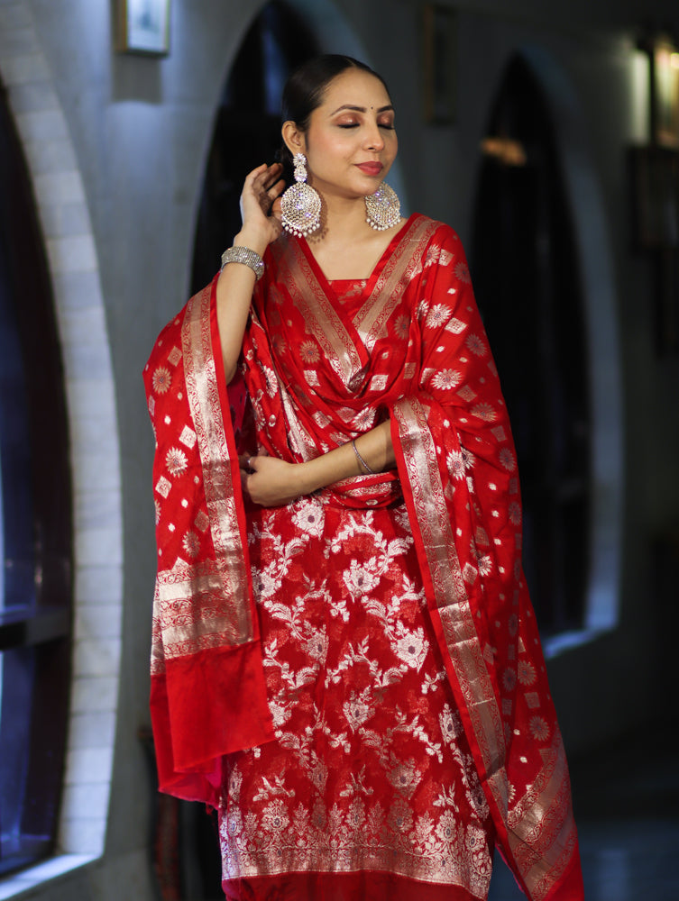 Banarasee Zari Work Chiffon Salwar Kameez Fabric With Dupatta Set-Red