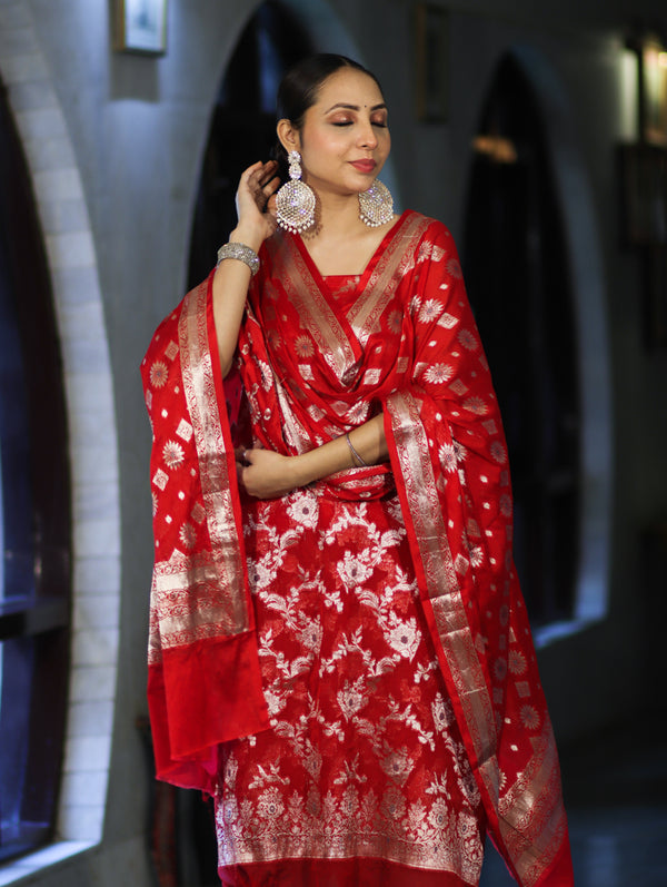Banarasee Zari Work Chiffon Salwar Kameez Fabric With Dupatta Set-Red