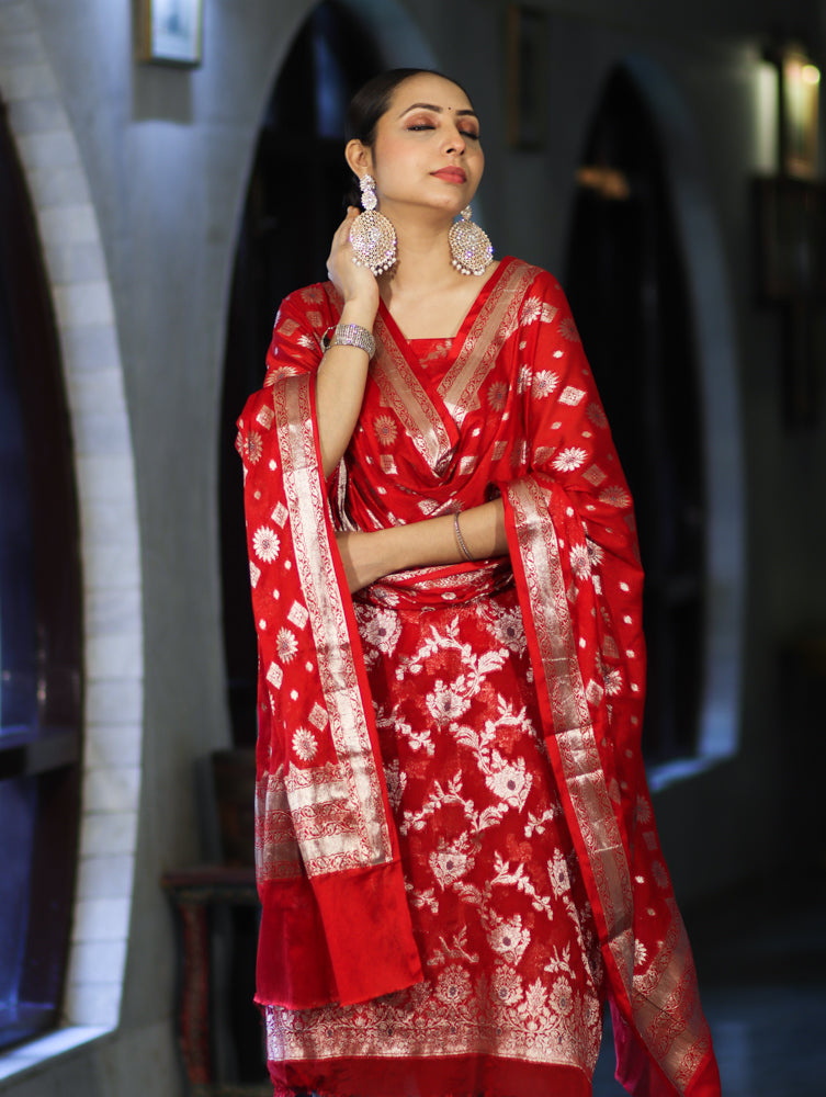 Banarasee Zari Work Chiffon Salwar Kameez Fabric With Dupatta Set-Red