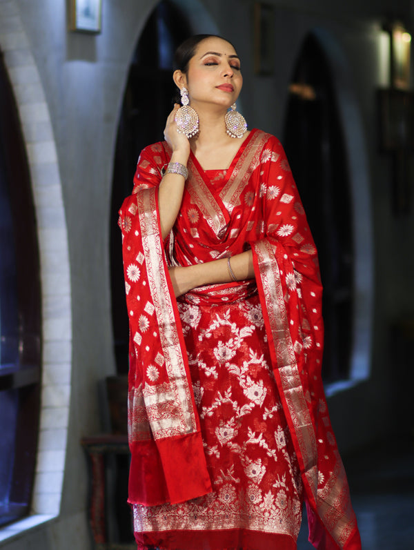 Banarasee Zari Work Chiffon Salwar Kameez Fabric With Dupatta Set-Red