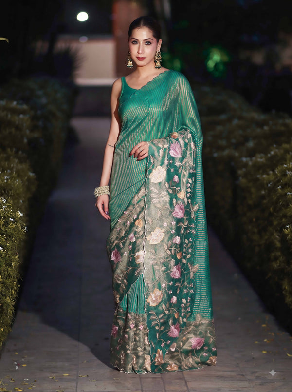 Banarasee Tissue Silk Saree With Zari Stripes & Resham Floral Embroidered Broad Border-Sea Green