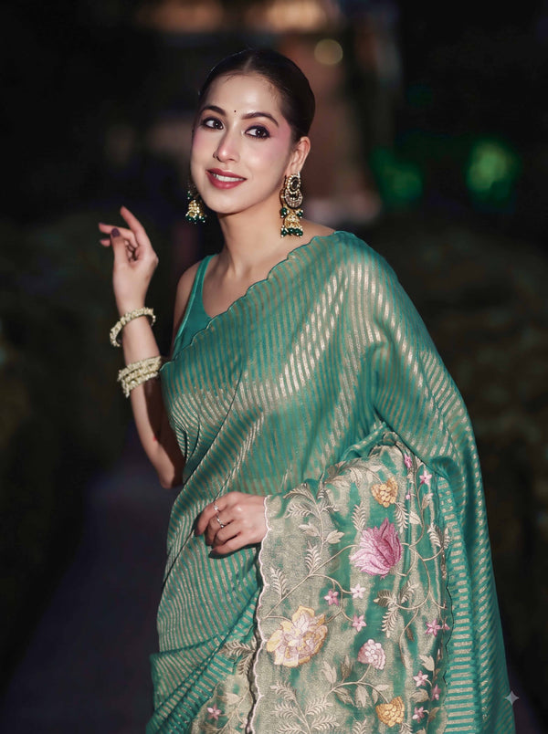 Banarasee Tissue Silk Saree With Zari Stripes & Resham Floral Embroidered Broad Border-Sea Green