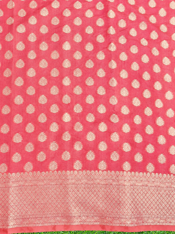 Banarasee Handwoven Georgette Saree With Zari Buta Design & Border-Peachy Pink