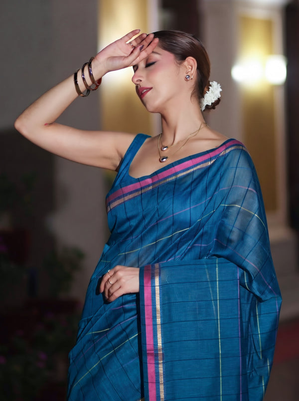 Banarasee Handloom Cotton Silk Saree With Checks Pattern & Border-Teal Blue