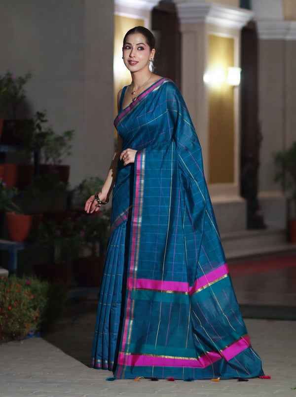 Banarasee Handloom Cotton Silk Saree With Checks Pattern & Border-Teal Blue