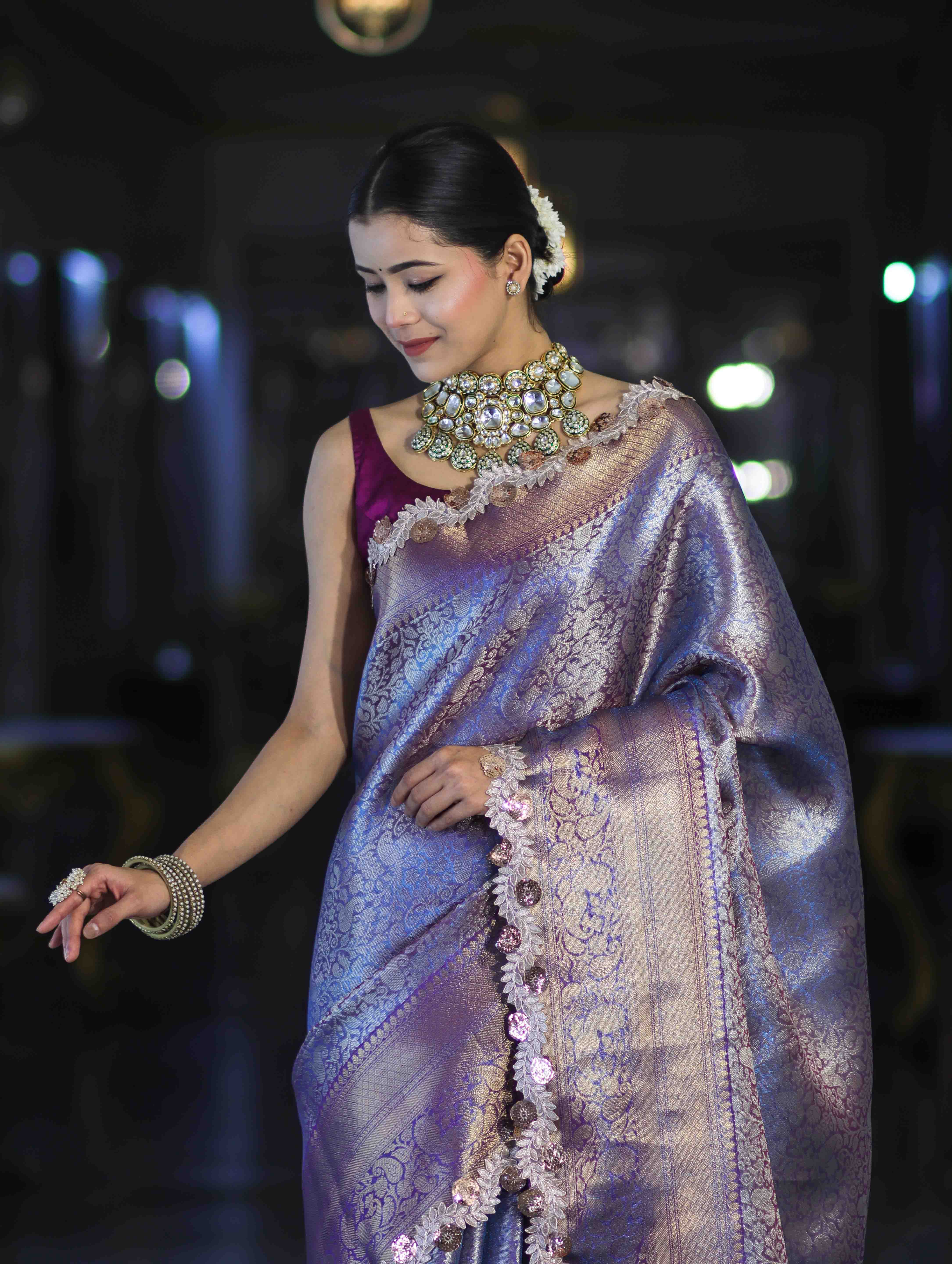 Banarasee Handloom Dual Tone Tissue Saree With Zari Weaving Floral Work & Lace Border-Blue & Violet