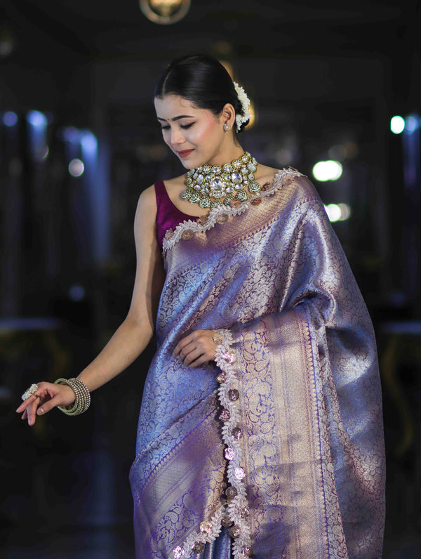 Banarasee Handloom Dual Tone Tissue Saree With Zari Weaving Floral Work & Lace Border-Blue & Violet