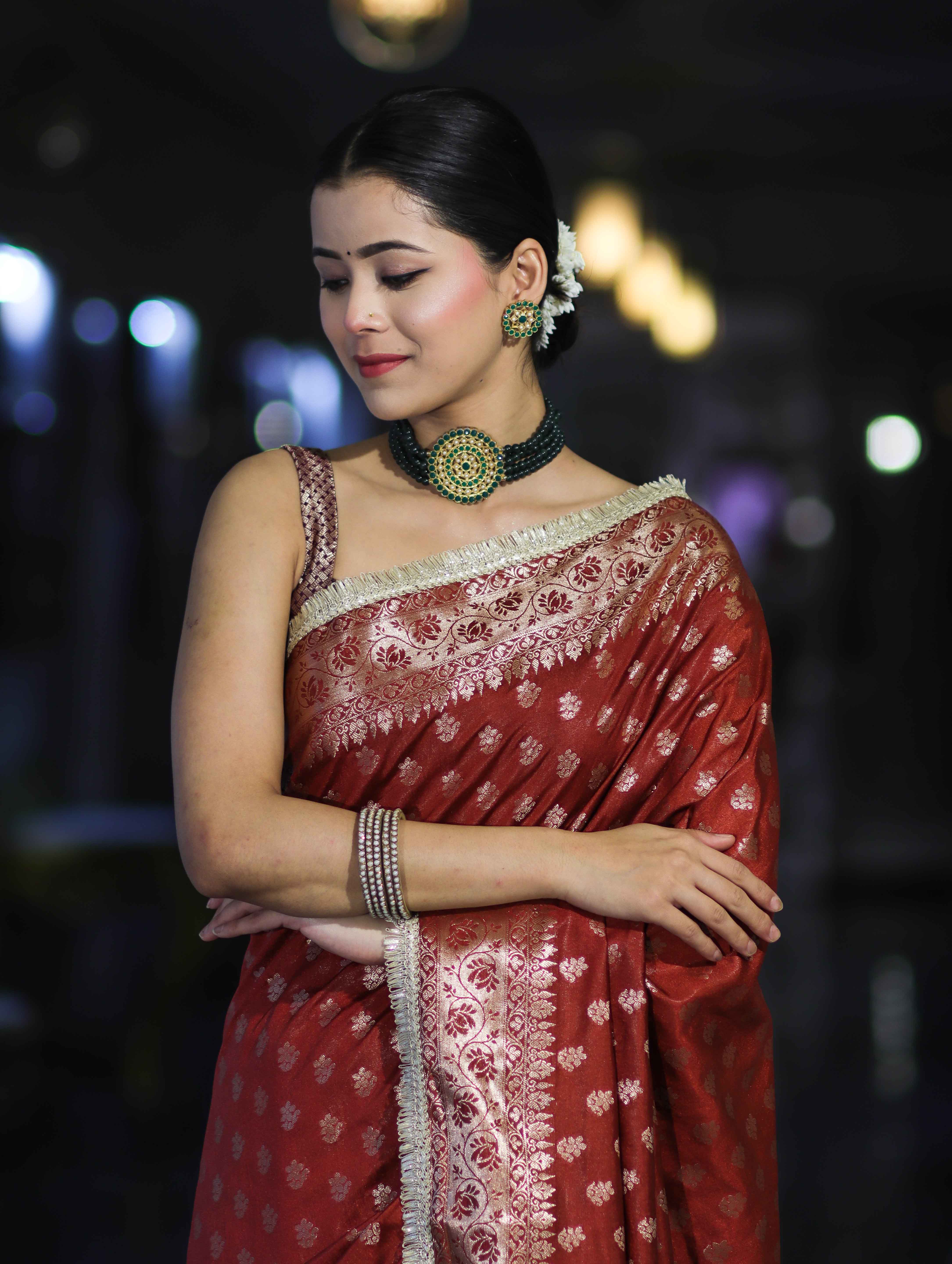 Banarasee Handloom Semi Silk Saree With Zari Buti Design & Lace Border-Dark Rust