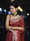 Banarasee Handloom Semi Silk Saree With Zari Buti Design & Lace Border-Dark Rust