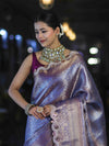 Banarasee Handloom Dual Tone Tissue Saree With Zari Weaving Floral Work & Lace Border-Blue & Violet