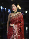 Banarasee Handloom Semi Silk Saree With Zari Buti Design & Lace Border-Dark Rust