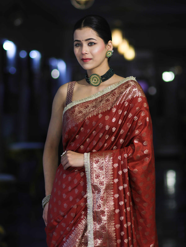 Banarasee Handloom Semi Silk Saree With Zari Buti Design & Lace Border-Dark Rust