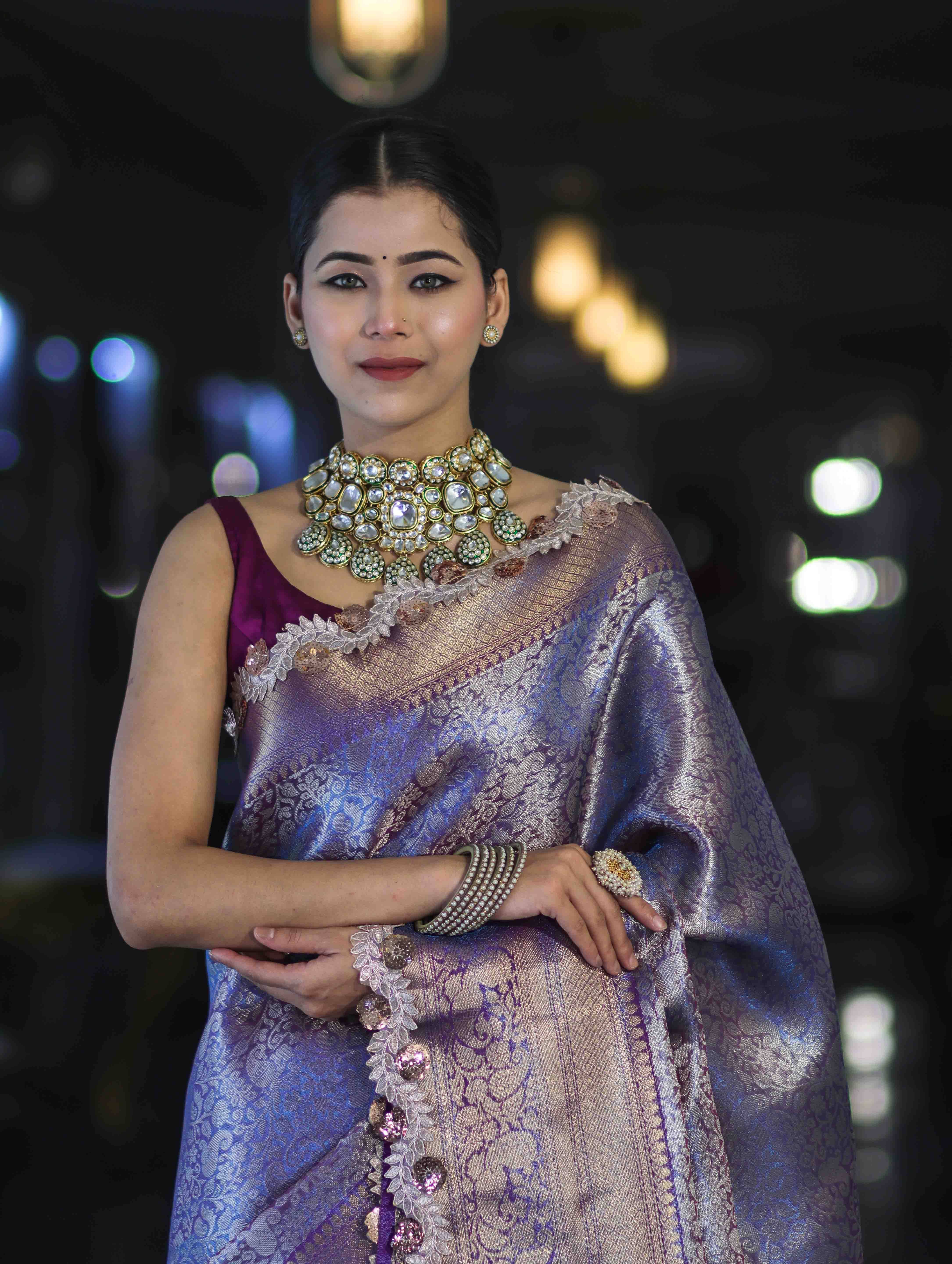 Banarasee Handloom Dual Tone Tissue Saree With Zari Weaving Floral Work & Lace Border-Blue & Violet