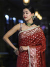 Banarasee Handloom Semi Silk Saree With Zari Buti Design & Lace Border-Dark Rust