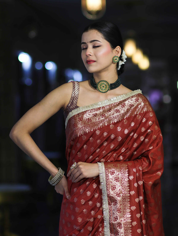 Banarasee Handloom Semi Silk Saree With Zari Buti Design & Lace Border-Dark Rust