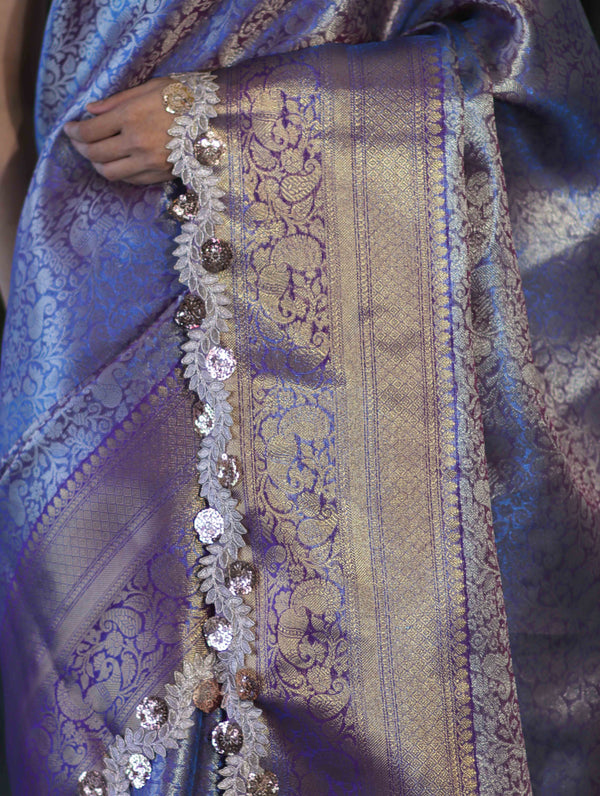Banarasee Handloom Dual Tone Tissue Saree With Zari Weaving Floral Work & Lace Border-Blue & Violet
