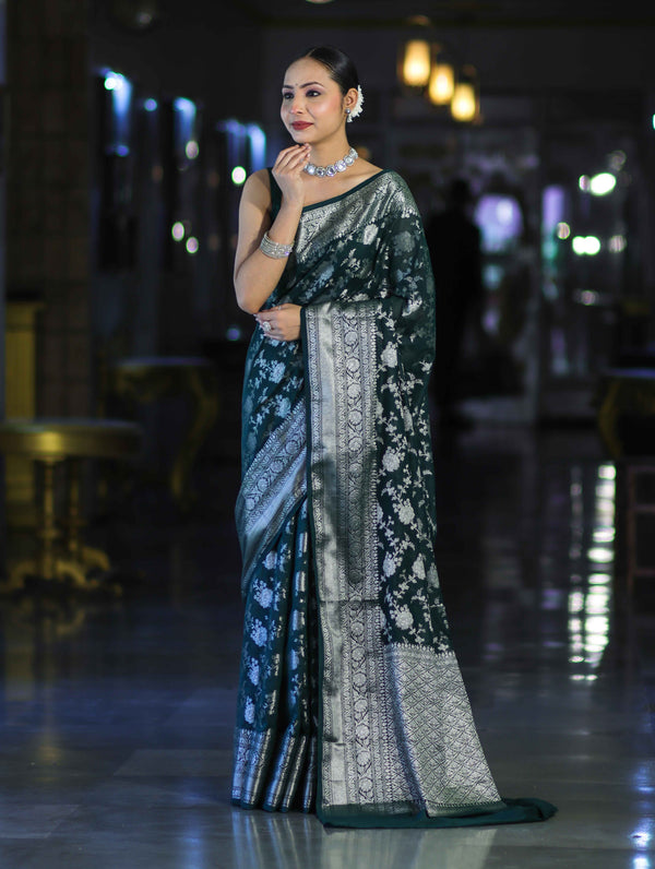 Banarasee Handwoven Georgette Saree With Zari Jaal Design & Border-Deep Green