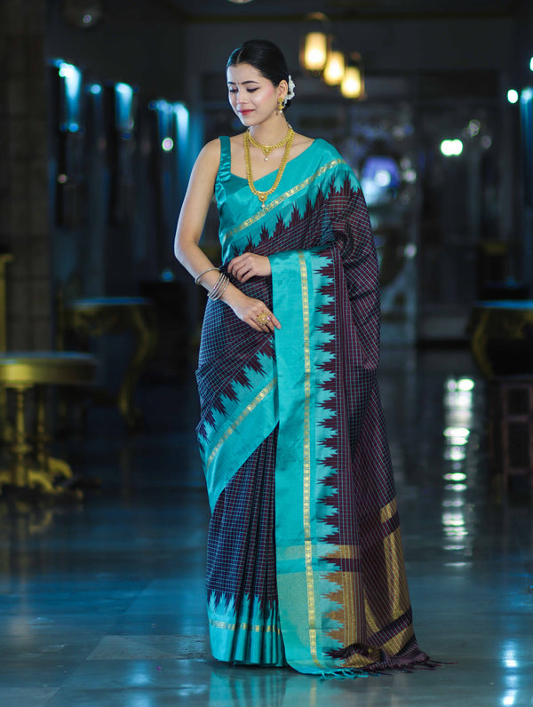 Banarasee Handloom Semi Silk Saree With Zari Checks Design & Temple Border-Burgundy & Green