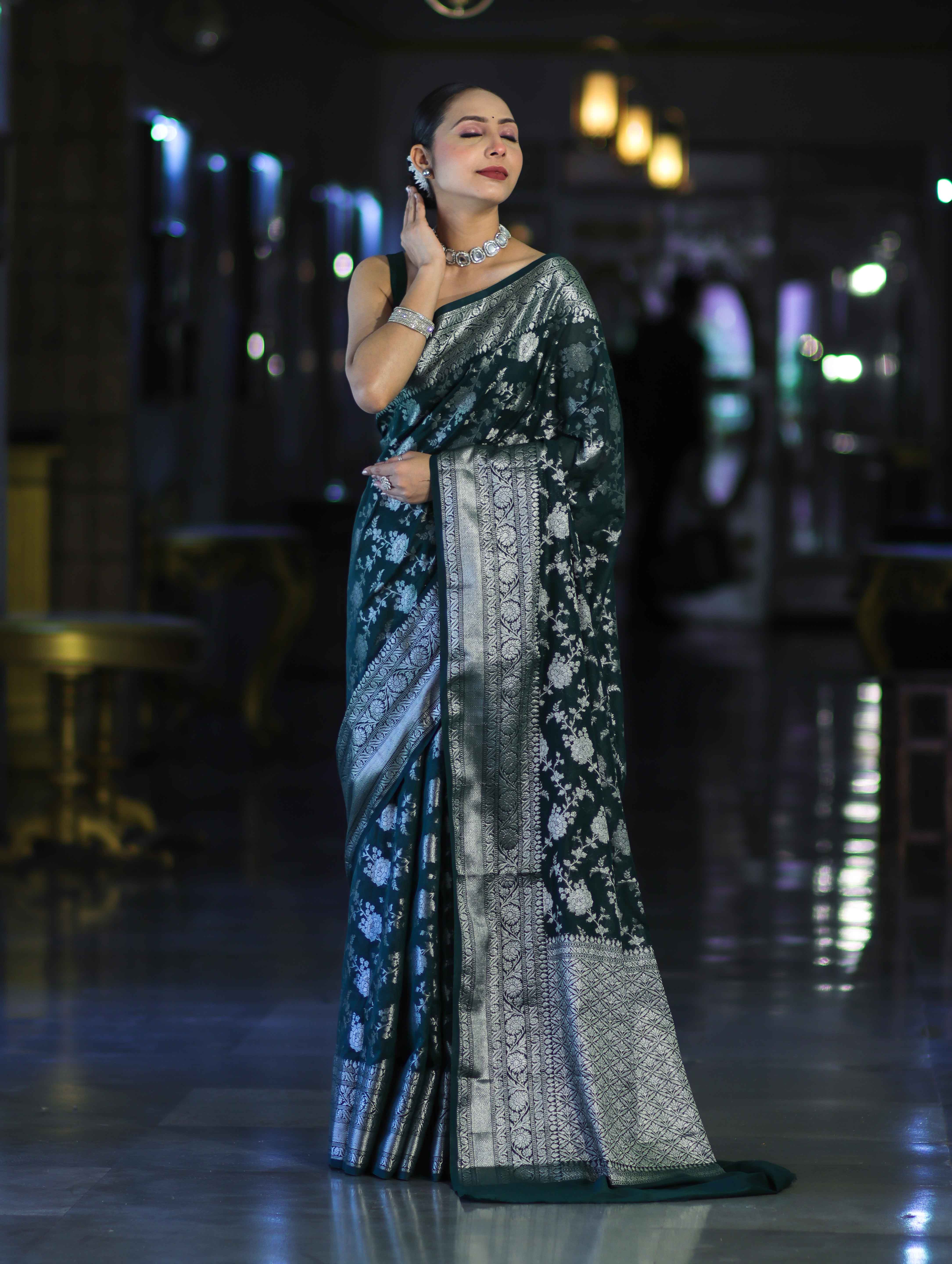 Banarasee Handwoven Georgette Saree With Zari Jaal Design & Border-Deep Green