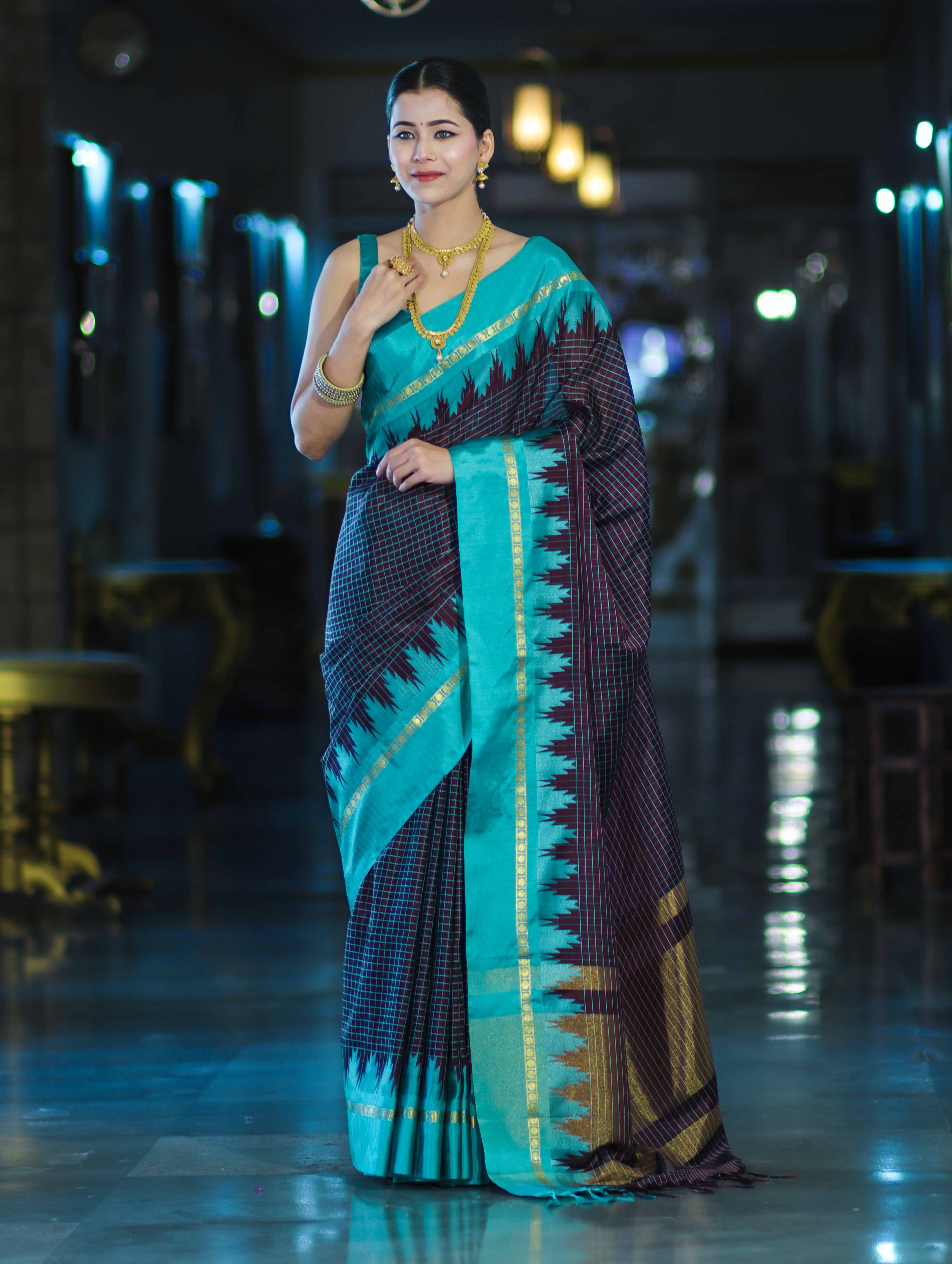 Banarasee Handloom Semi Silk Saree With Zari Checks Design & Temple Border-Burgundy & Green