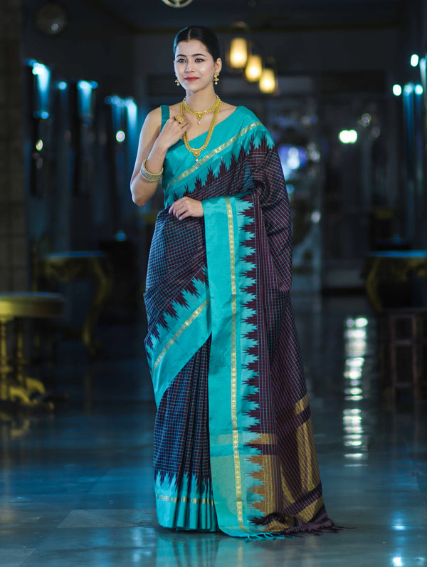 Banarasee Handloom Semi Silk Saree With Zari Checks Design & Temple Border-Burgundy & Green