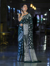 Banarasee Handwoven Georgette Saree With Zari Jaal Design & Border-Deep Green