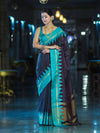 Banarasee Handloom Semi Silk Saree With Zari Checks Design & Temple Border-Burgundy & Green