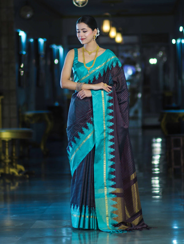 Banarasee Handloom Semi Silk Saree With Zari Checks Design & Temple Border-Burgundy & Green