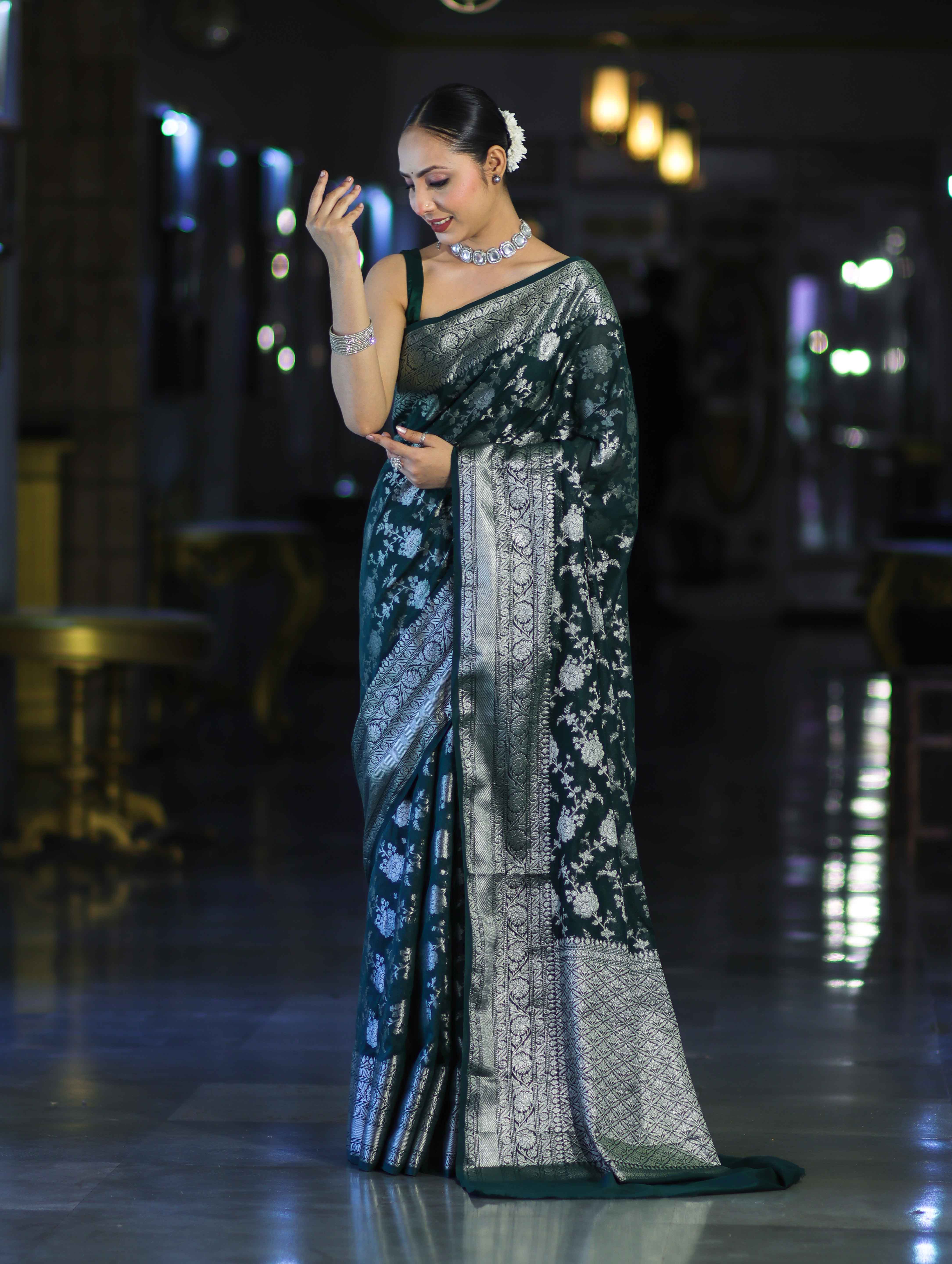 Banarasee Handwoven Georgette Saree With Zari Jaal Design & Border-Deep Green