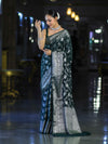 Banarasee Handwoven Georgette Saree With Zari Jaal Design & Border-Deep Green