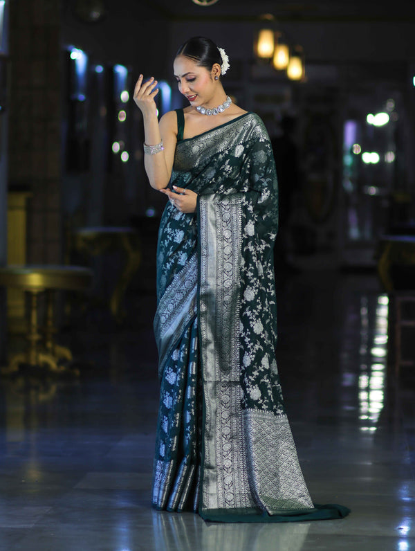 Banarasee Handwoven Georgette Saree With Zari Jaal Design & Border-Deep Green