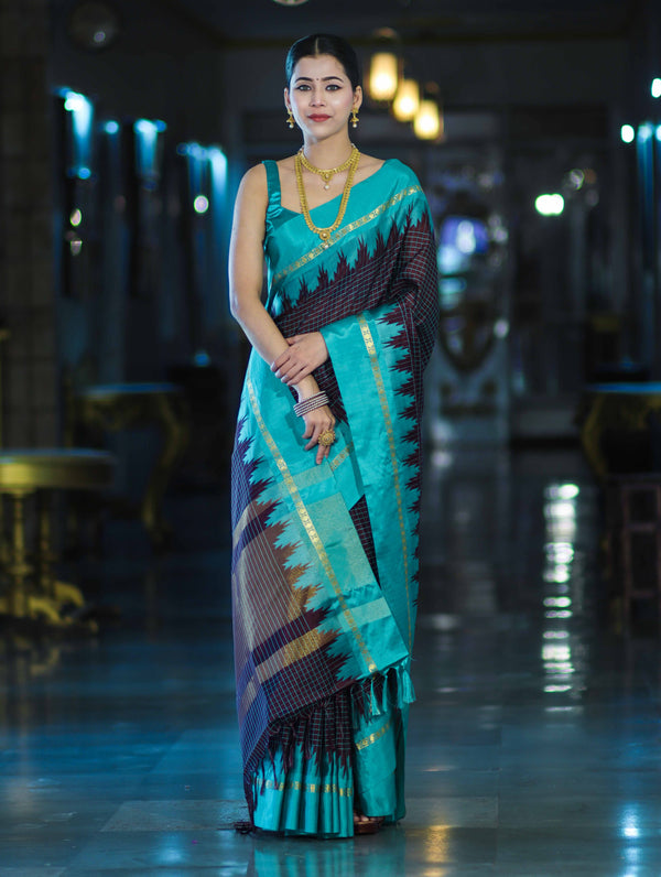 Banarasee Handloom Semi Silk Saree With Zari Checks Design & Temple Border-Burgundy & Green