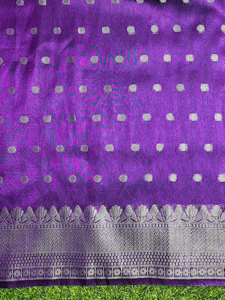 Banarasee Handloom Tissue Saree With Buti Design Zari Border & Lace-Violet