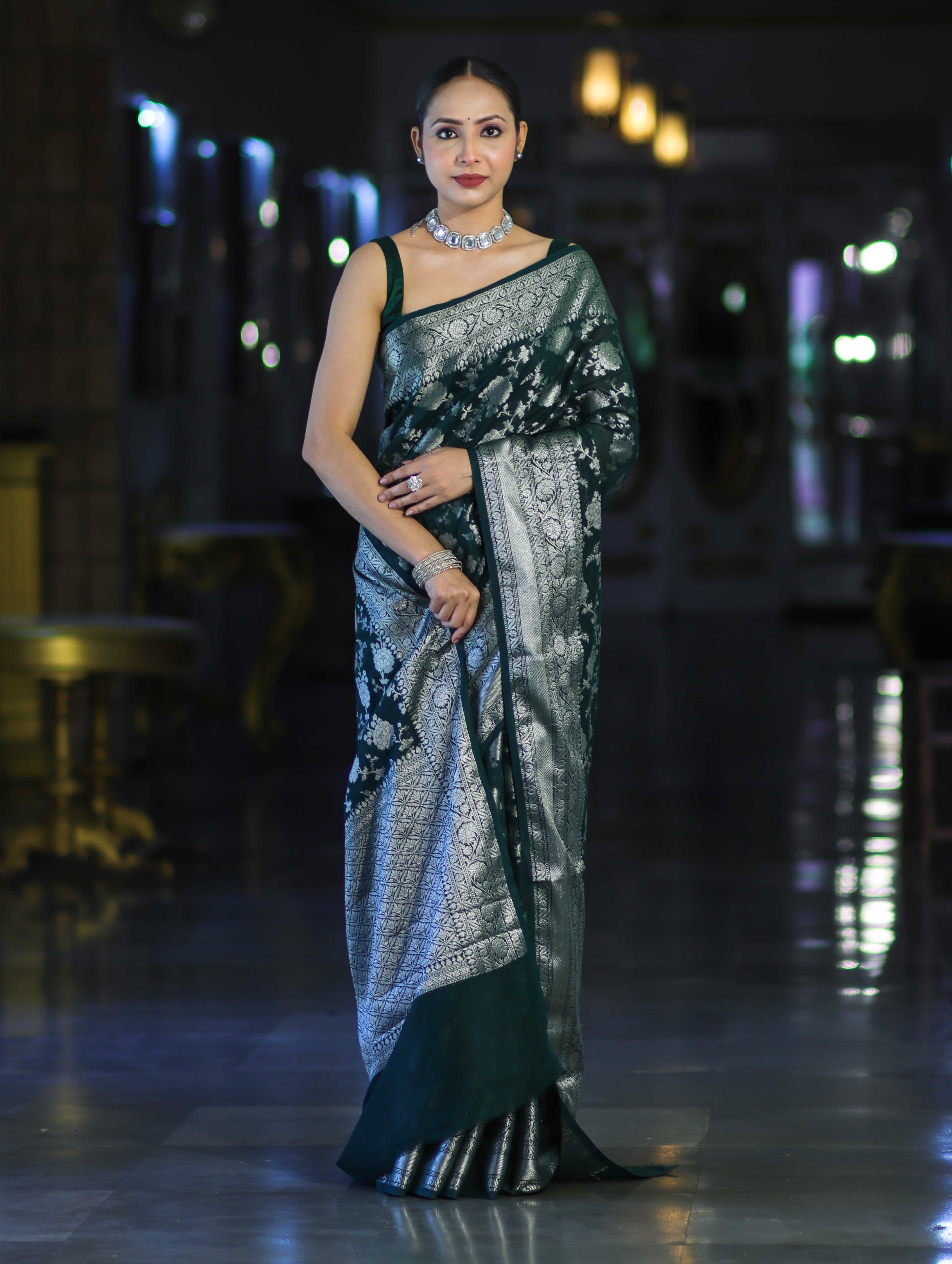 Banarasee Handwoven Georgette Saree With Zari Jaal Design & Border-Deep Green