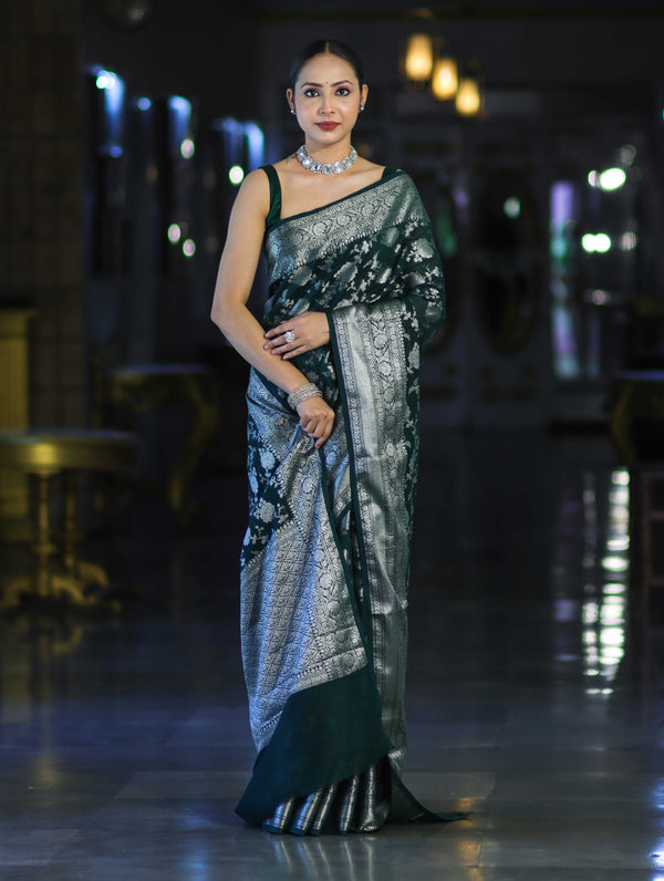 Banarasee Handwoven Georgette Saree With Zari Jaal Design & Border-Deep Green