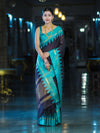Banarasee Handloom Semi Silk Saree With Zari Checks Design & Temple Border-Burgundy & Green
